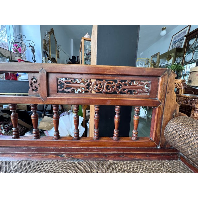 Wood Antique Chinese Elm Daybed With Rattan Seat and Shou Bolster, Late Qing Dynasty For Sale - Image 7 of 12