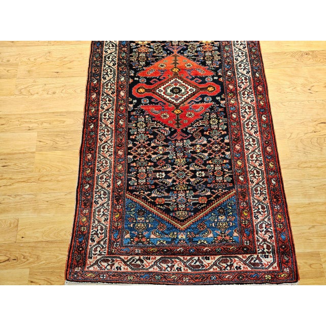 Vintage Persian Malayer Runner Rug, Hand-Knotted Wool, Geometric Pattern, 3x20, Navy & Red For Sale - Image 13 of 14