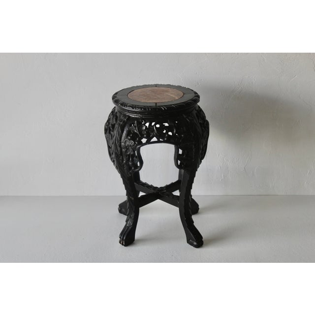 Black Asian Carved Rosewood Style Wood Stool Plant Stand With Inset Marble Top Vintage Mid-Century For Sale - Image 8 of 17