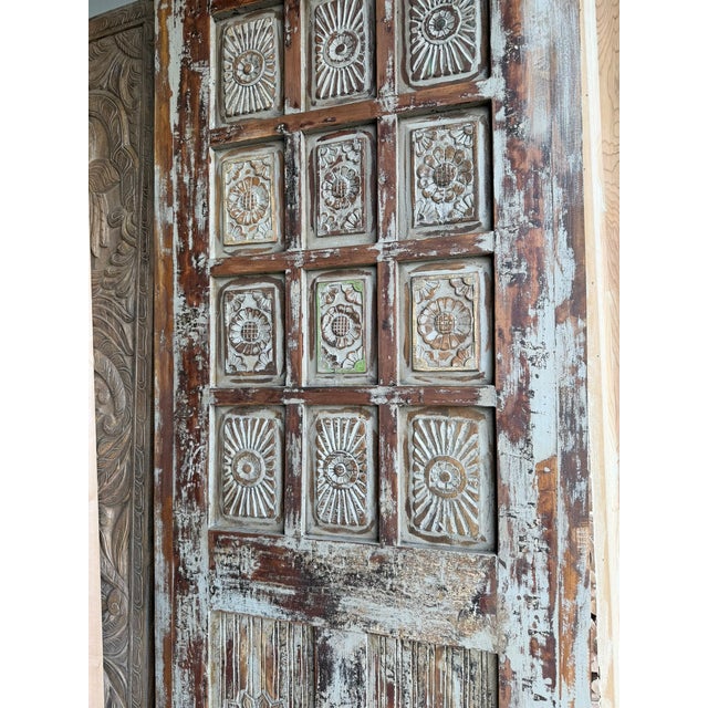 Mid-Century Modern Vintage Blue Carved Barn Door – Rustic Handcrafted Wooden Hinged Door With Distressed Finish For Sale - Image 3 of 9