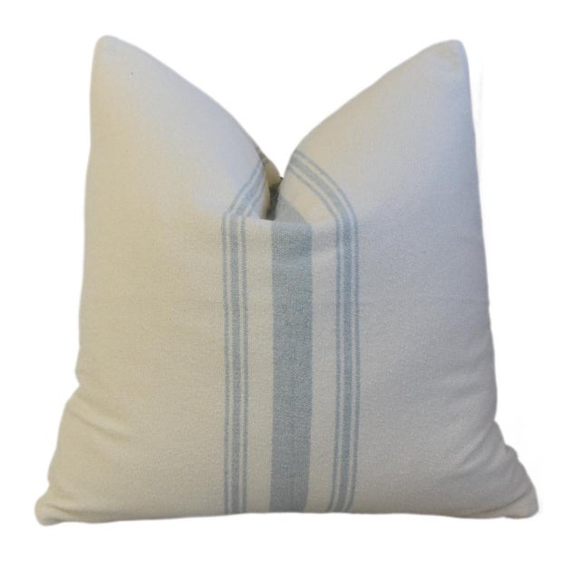 Pale Teal Striped Grain Sack Fabric Coastal Feather/Down Pillow For Sale - Image 4 of 5