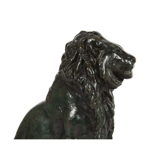 Green Rare French Antique Bronze Sculpture of “Seated Lion No. 4” After Antoine-Louis Barye For Sale - Image 8 of 12