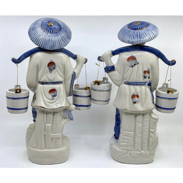 Metal Blue and White Asian Man and Woman Fishing Statues- A Set For Sale - Image 7 of 12