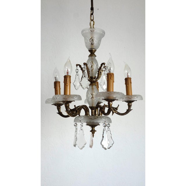 Antique French Brass and Glass Five-Light Chandelier, 1930s For Sale - Image 4 of 14