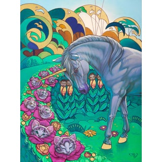 The Unicorn's Garden by Rhonda Libbey | Oil and 24 Karat gold leaf Unicorn in a colorful garden with cats. For Sale