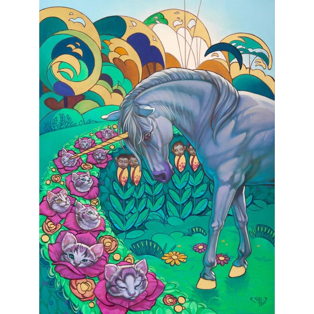 The Unicorn's Garden by Rhonda Libbey | Oil and 24 Karat gold leaf Unicorn in a colorful garden with cats. For Sale