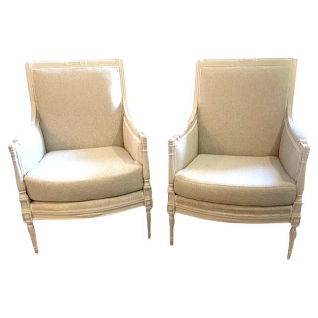 1940s Directoire Style Louis XVI Bergere Armchairs in Natural Linen - A Pair For Sale - Image 15 of 18