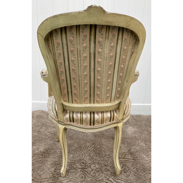 Painted Wood Arm Chair Vintage Venetian Style Carved Cream Green Floral Stripe For Sale - Image 9 of 13