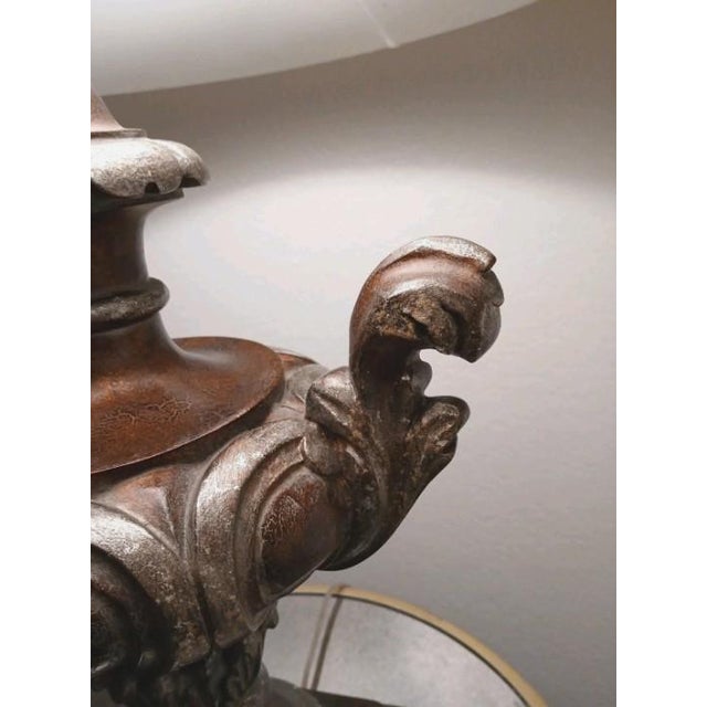 1950s Royal Edwardian Carved Urn Lamp Brown Bronzed Renaissance Avant-Garde W Shade For Sale In San Diego - Image 6 of 16