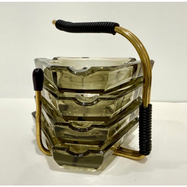 Mid Century Party Ashtray Set 4 Gray Smoky Glass Trays W/ Metal Carrying Stand Stacking MCM For Sale In Los Angeles - Image 6 of 6