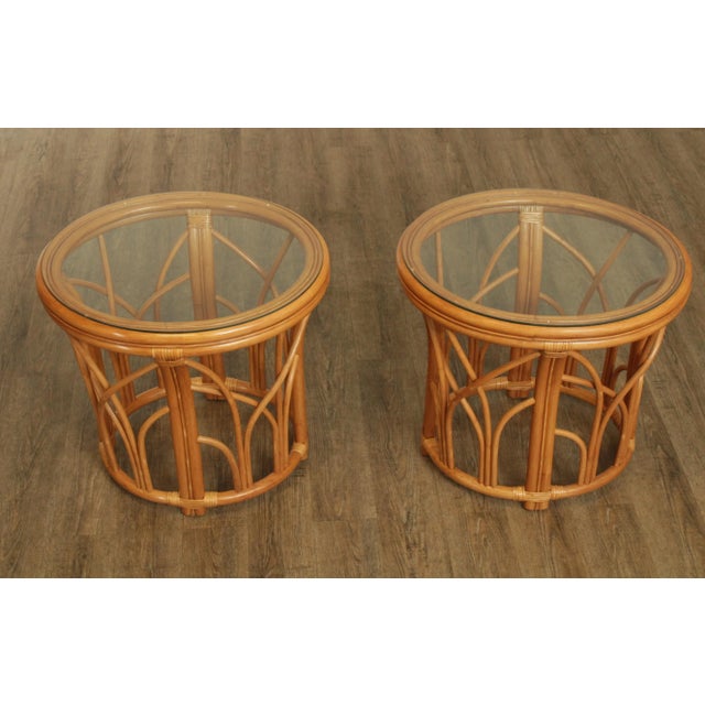 Gold Vintage Rattan Round Glass Top Side Tables - A Pair For Sale - Image 8 of 13