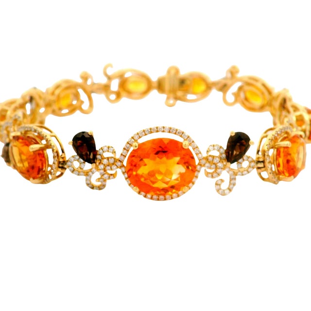 Contemporary Citrine Smoky Topaz Diamond 14k Yellow Gold Halo Filigree Bracelet For Sale - Image 3 of 5