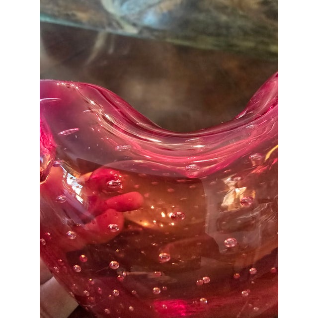 Raspberry Red Vintage Mid Century Modern Murano Style Bubble Bowl For Sale - Image 8 of 9