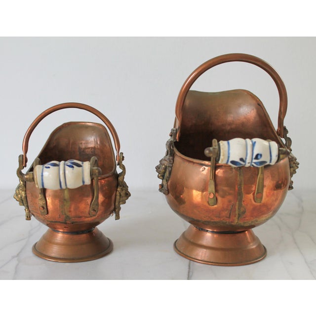 Mid 20th Century Copper and Brass Scuttle Coal Bucket Lion Head Planters - A Pair For Sale - Image 5 of 14