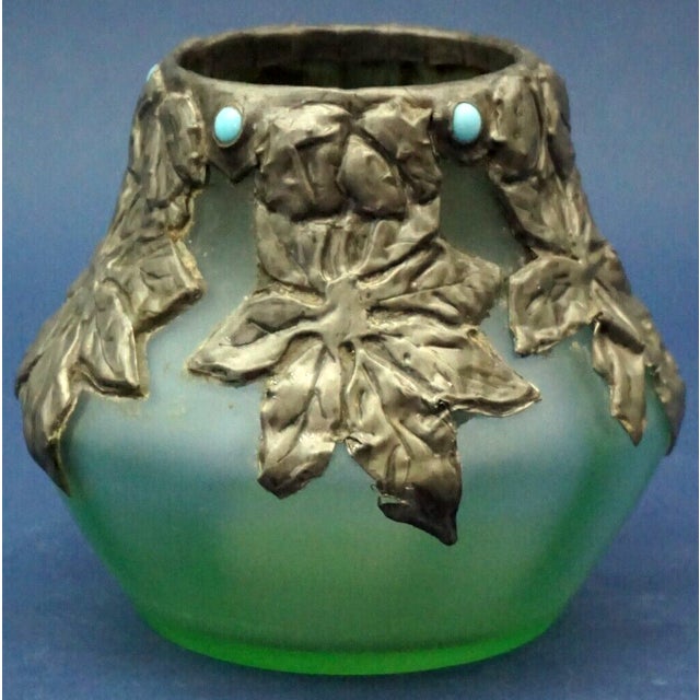 Item : Spectacular, extremely rare opaque green blown glass vase with golden iridescence and spectacular silver leaves...