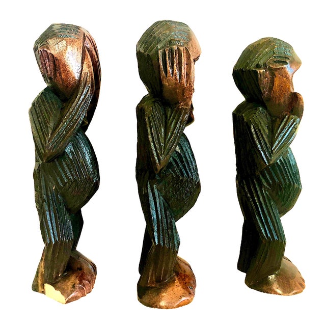 Asian "Three Wise Monkeys" in Carved Wood For Sale - Image 4 of 15