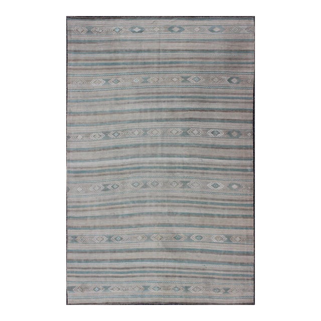 Gray, Blue Green, Taupe, and Camel Vintage Turkish Kilim With Geometric Design For Sale