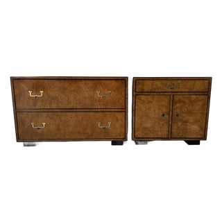 Pair of Vintage John Widdicomb Burl Wood Veneer & Brass Nightstands For Sale