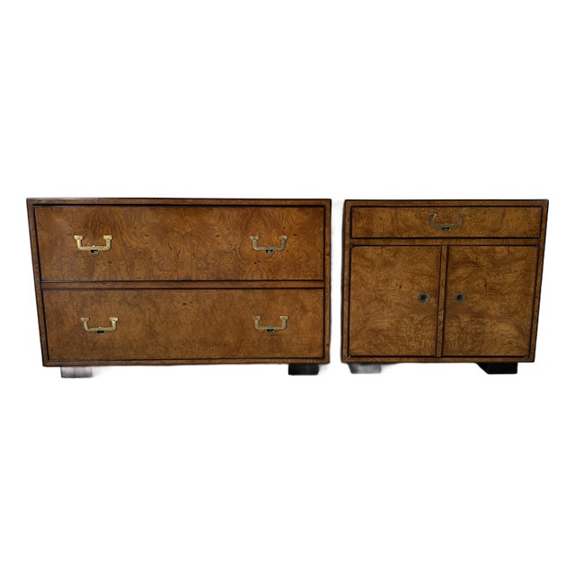 Pair of Vintage John Widdicomb Burl Wood Veneer & Brass Nightstands For Sale