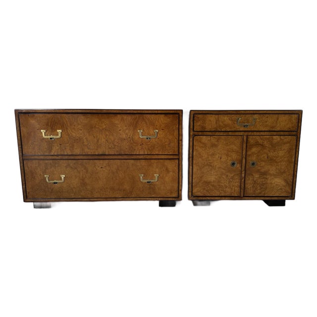 Pair of Vintage John Widdicomb Burl Wood Veneer & Brass Nightstands/ Sold For Sale