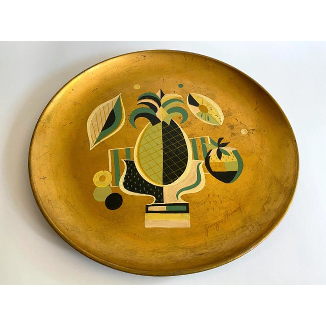 This Georges Briard rare vintage 1960's Mid Century Modern gold leaf hand painted extra large decorative metal tray is an...