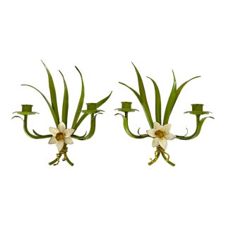 Pair of Vintage Tole Green Painted Green Daffodil Candle Sconces For Sale