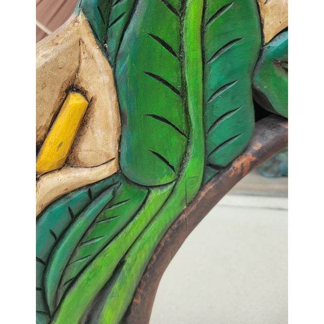 1990s Carved Wood Tropical Folk Art Calalily Green Leaf Oval Wall Mirror For Sale - Image 5 of 8