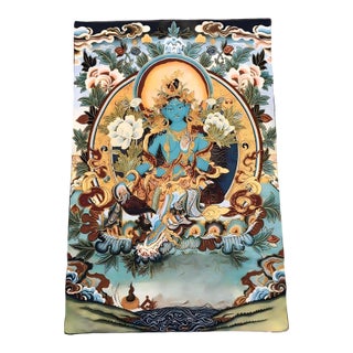 Xizang Embroidery and Brocade Thangka Buddha Painting - Wrathful Deity Protector Wall Art - Hand Painted Buddhist Sacred Scroll Mid 20th Century For Sale