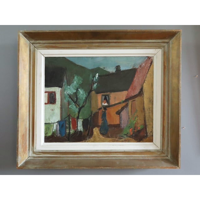 VILLAGE COURTYARD Size: 18.1 x 21.5 inches (including frame) Oil on canvas A mid-century painting that captures the quiet...