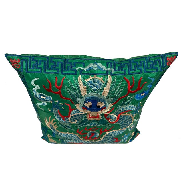 Green Late 20th-Century Chinese Green Imperial Dragon Pillow For Sale - Image 8 of 9
