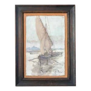 20th Century French Impressionist Painting of a Fishing Boat, Signed Illegibly