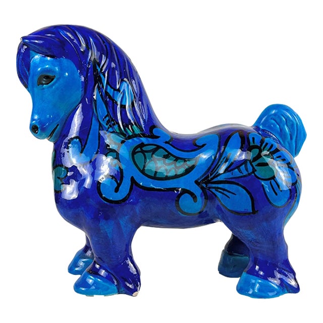 Mid-Century Italian Bellini Pottery Floral Blue Horse Sculpture - 15" For Sale