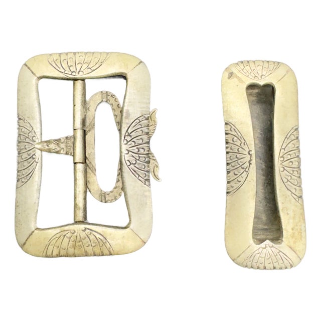 Antique Asian Brass Etched Belt Buckles, Full Set For Sale