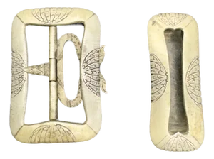 Antique Asian Brass Etched Belt Buckles, Full Set