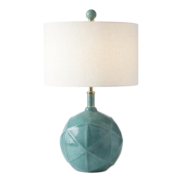 Coastal Modern Faceted Ceramic Table Lamp in Sea Glass Glaze With Brass Accents For Sale