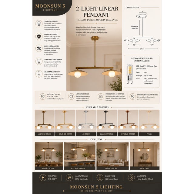 Double Dome Linear Chandelier, Antique Brass Dining Room Light, Mid Century Kitchen Island Pendant, Modern Boho Ceiling Fixture, G9 Light For Sale - Image 4 of 12