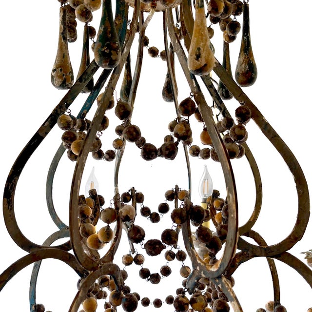 Antique French Painted Wooden Bead and Iron Chandelier - 8 Lights For Sale - Image 4 of 10
