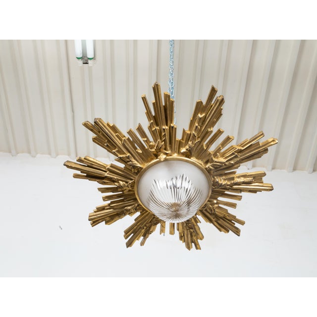 Pair of Gilt Bronze Midcentury Sunburst Light Fixtures with Frosted Glass For Sale - Image 10 of 12