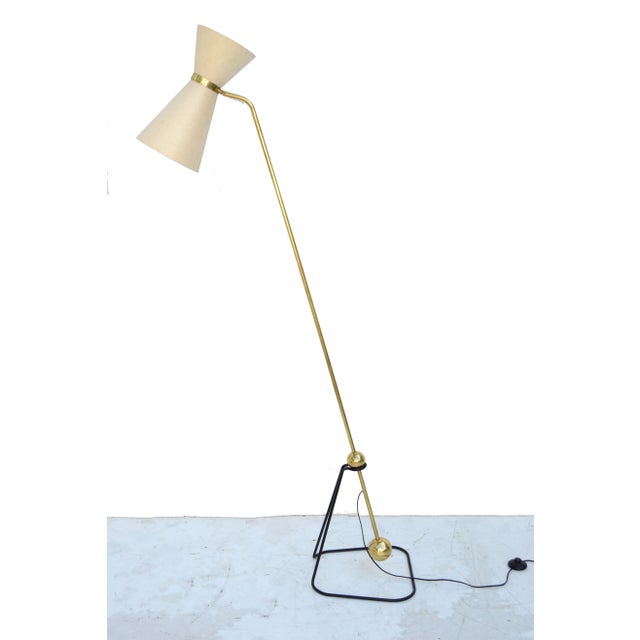 Superb brass and steel Model G2 Equilibrium floor lamp by Pierre Guariche for Mathieu Diderot. Designed and manufactured...