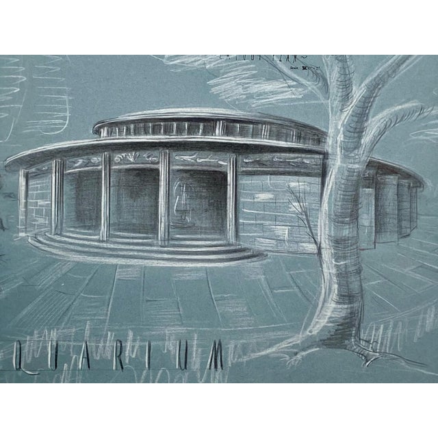Janet Bentley, Round Pavilion / Aquarium Study Architectural Presentation Drawing, 1953, Mixed Media on Paper For Sale - Image 4 of 14