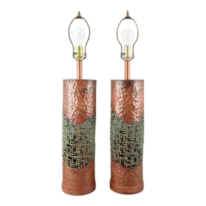 Marcello Fantoni Raymor Mid-Century Modern Brutalist Torch Cut Copper Sculptural Table Lamps - a Pair