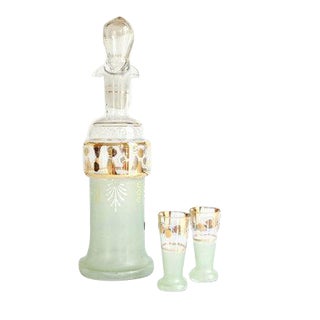 Mid Century Mint and Gold Glass Decanter Set For Sale