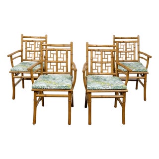 Set of Four Midcentury English Faux Bamboo Armchairs with Thin Cushions For Sale