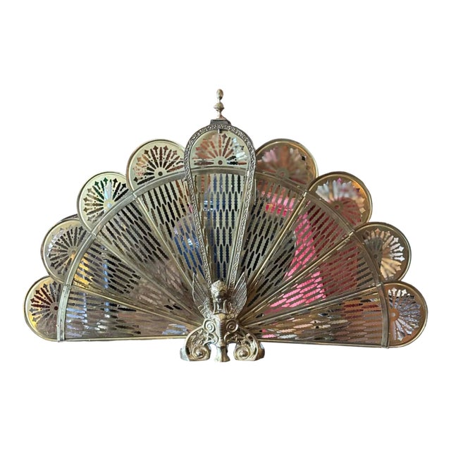 Antique Brass Peacock Fan Fire Screen For Sale