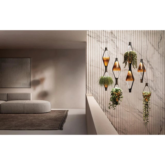 Viceversa 2' modular suspension lamp by Noé Lawrance for KDLN in Amber. Executed in amber colored blown glass with a matte...
