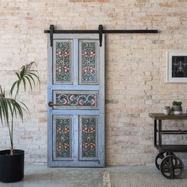 Mediterranean Hand-Carved Door in Distressed Blue With Ornate Floral Panels Custom Size Interior/Exterior For Sale - Image 15 of 18