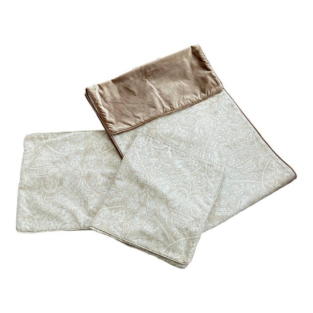 Two Cream and Taupe Jab Damask Fabric King Shams With Matching Bed Scarf For Sale