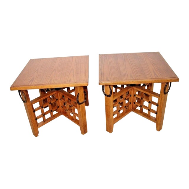 1980s Rustic Western Retro Oak Veneer End Tables Horseshoe Theme Insured Safe - a Pair For Sale