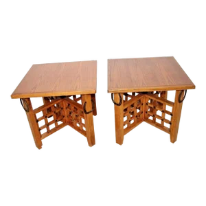 1980s Rustic Western Retro Oak Veneer End Tables Horseshoe Theme Insured Safe - a Pair
