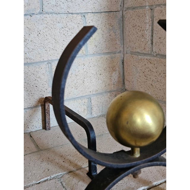 A Set of MCM Donald Desky Iron and Brass Fireplace Andirons.